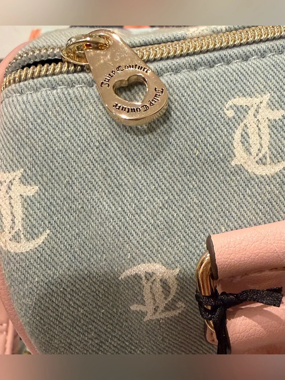 Juicy Couture Denim Purse w Long Strap & White Gothic Lettering w Pink Details